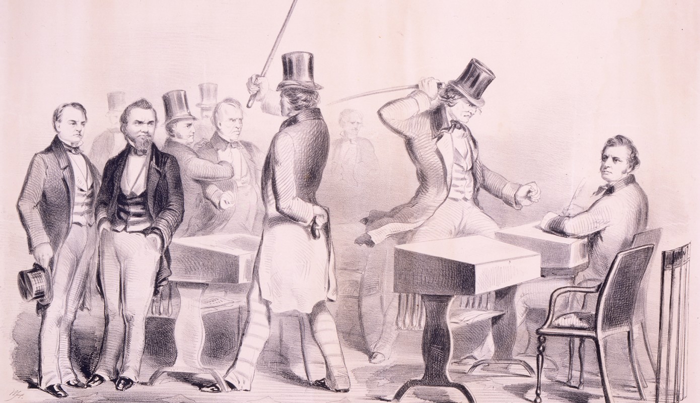 The caning of Senator Sumner by Representative Brooks, as depicted in an 1856 print of a drawing by Winslow Homer