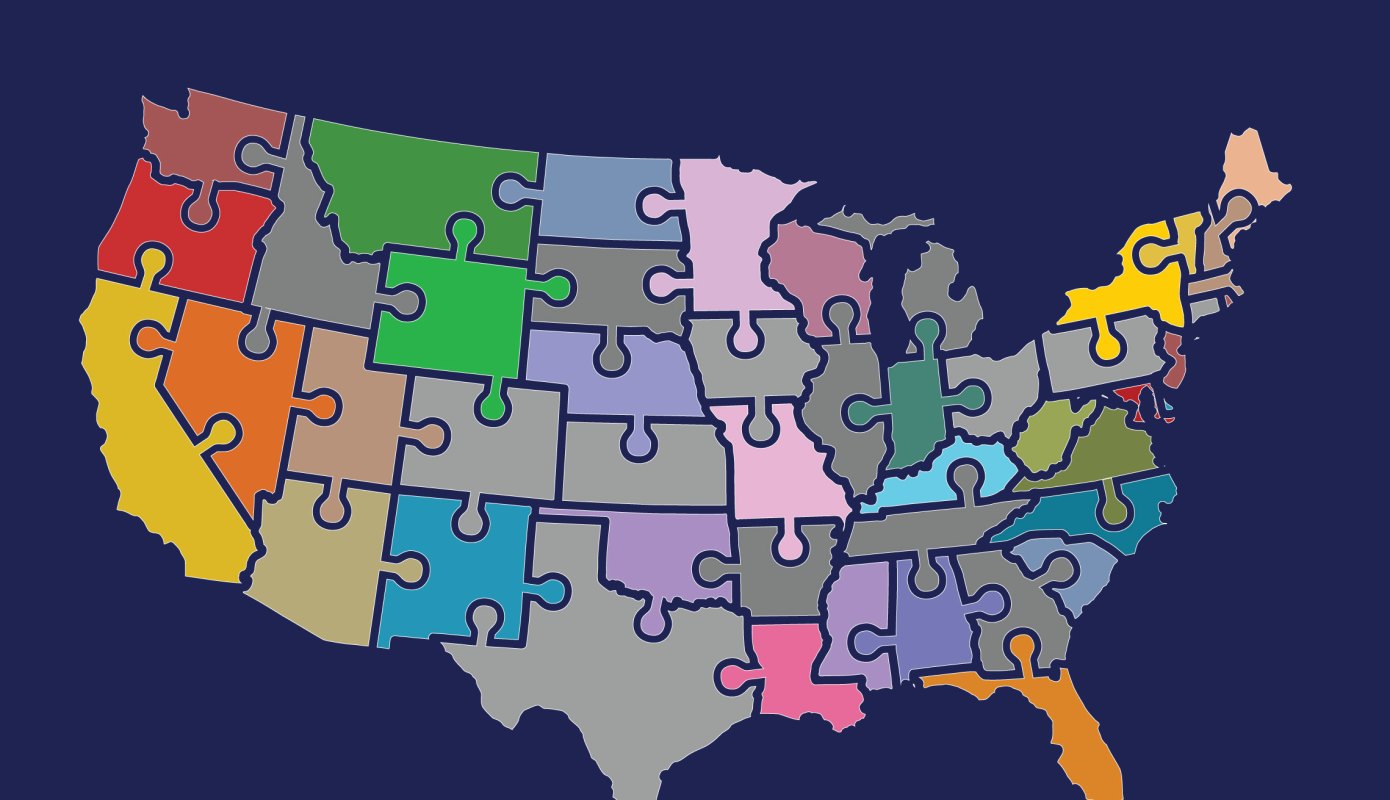 Map of the United States as puzzle pieces (originally for Adam White BOB piece in June 2018)